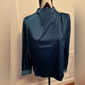 Chicwish Teal Satin High-Neck Blouse with Pearl Accent